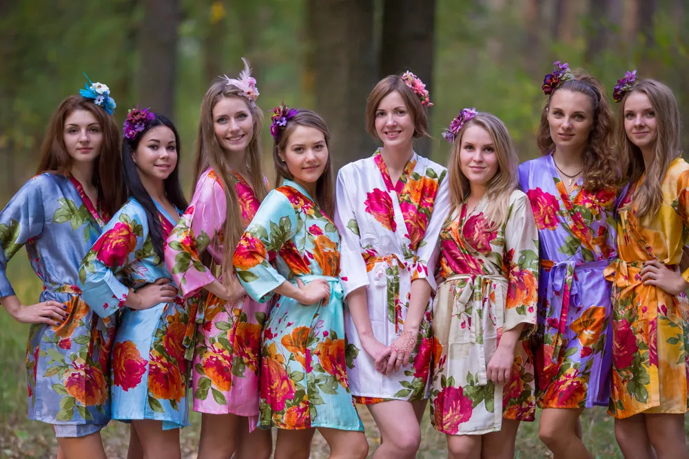 Mismatched Silk Large Floral Blossom Patterned Bridesmaids Robes in Soft Tones