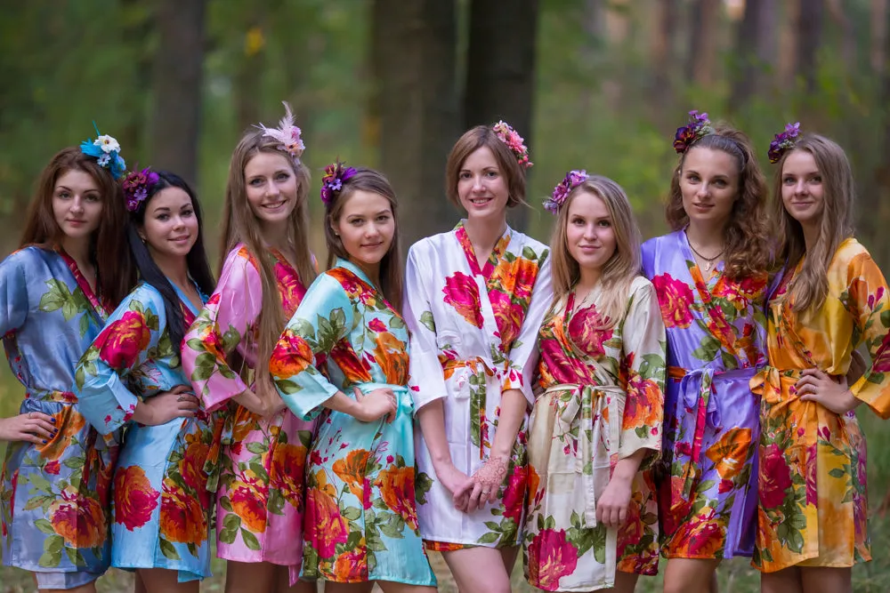 Mismatched Silk Large Floral Blossom Patterned Bridesmaids Robes in Soft Tones