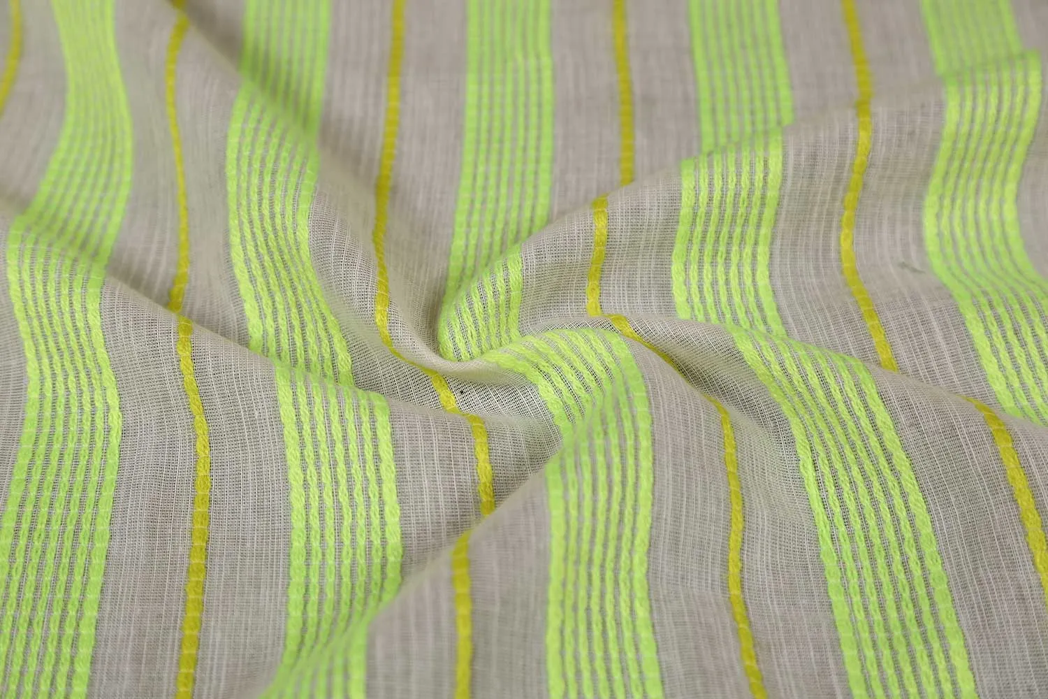 Off White & Neon Green Stripes Cotton Slub Fabric