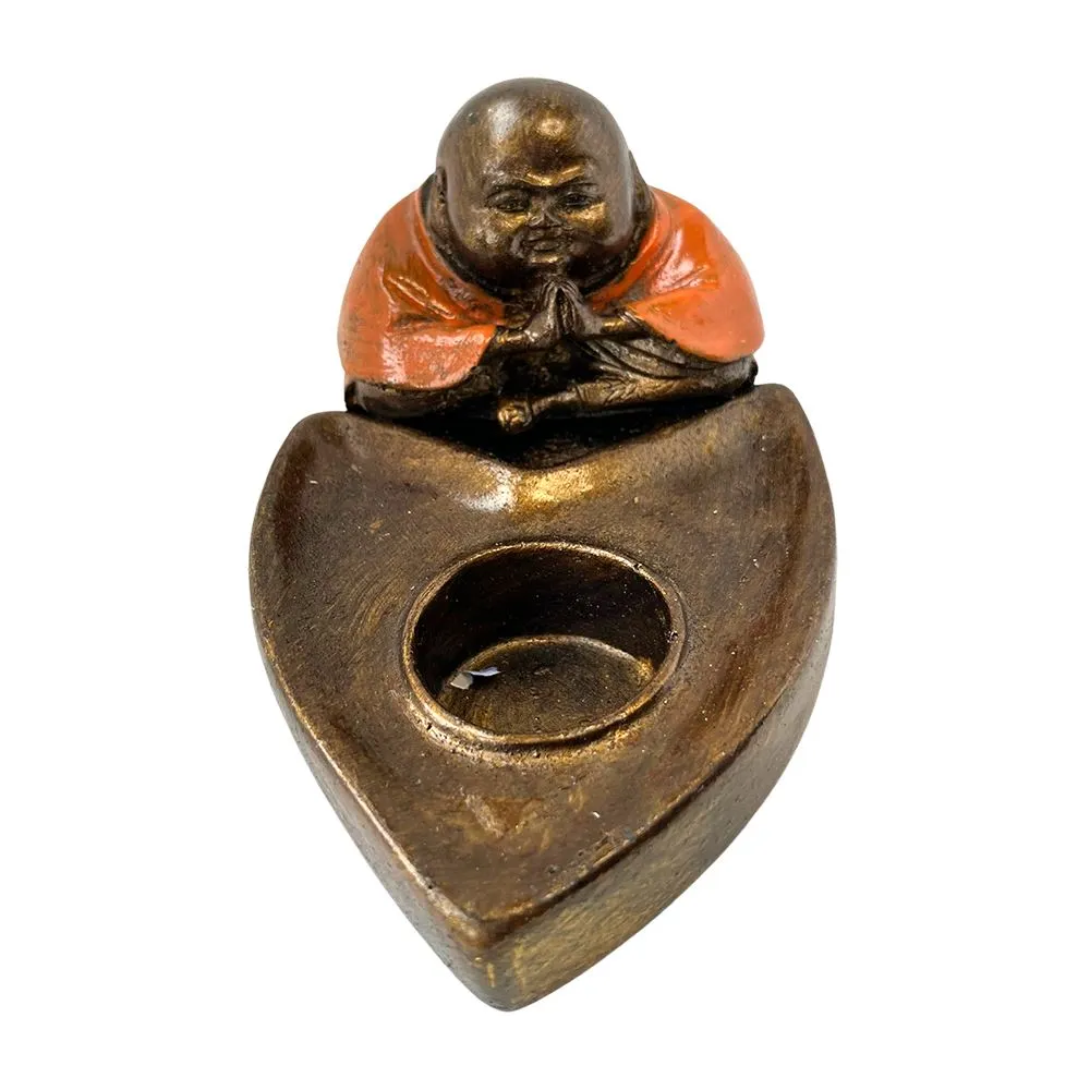 Orange-Robed Laughing Buddha with Tea Light Holder, 8x10x15cm