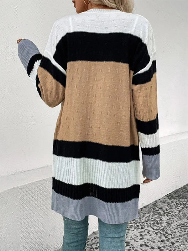 Oversize Textured-Knit Color Block Mid Length Cardigan