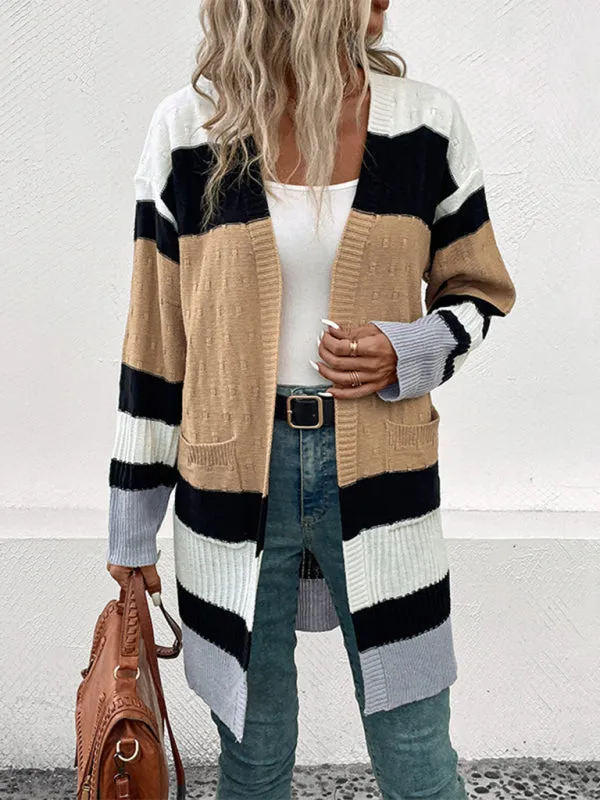 Oversize Textured-Knit Color Block Mid Length Cardigan