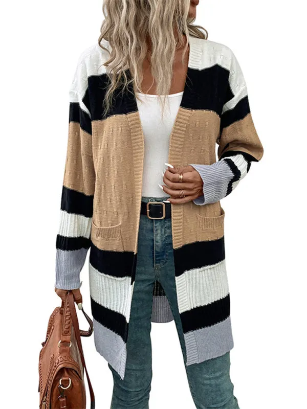 Oversize Textured-Knit Color Block Mid Length Cardigan