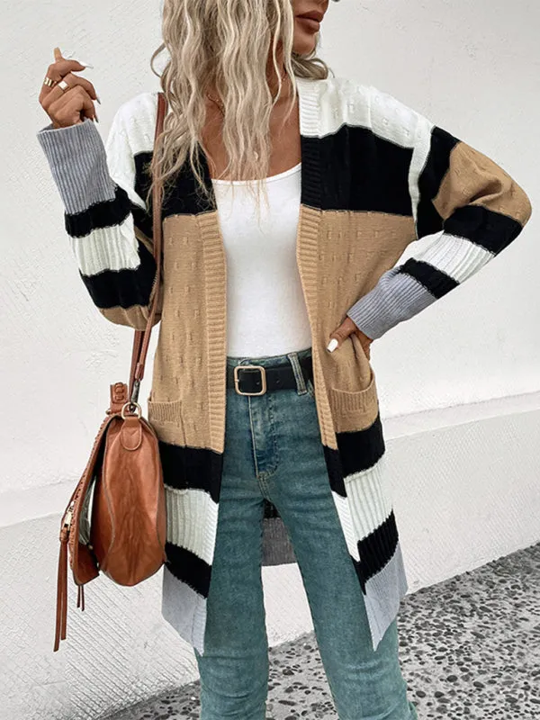 Oversize Textured-Knit Color Block Mid Length Cardigan