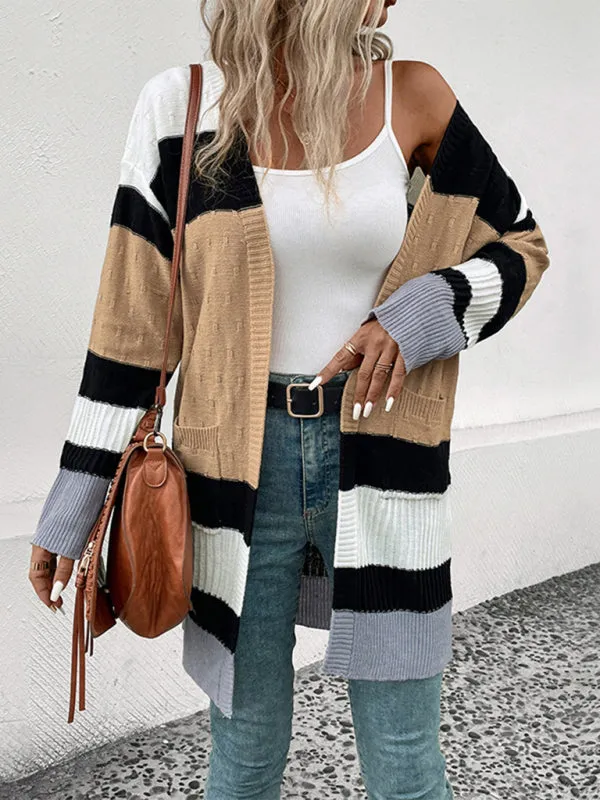 Oversize Textured-Knit Color Block Mid Length Cardigan