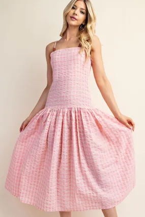 Pink Gingham Print Midi Dress