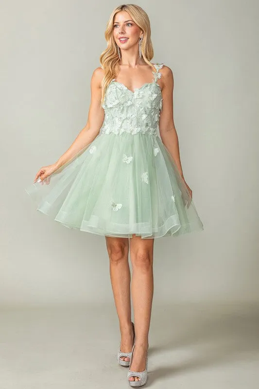 Sage Sweetheart Butterfly Applique Horsehair Short Dress