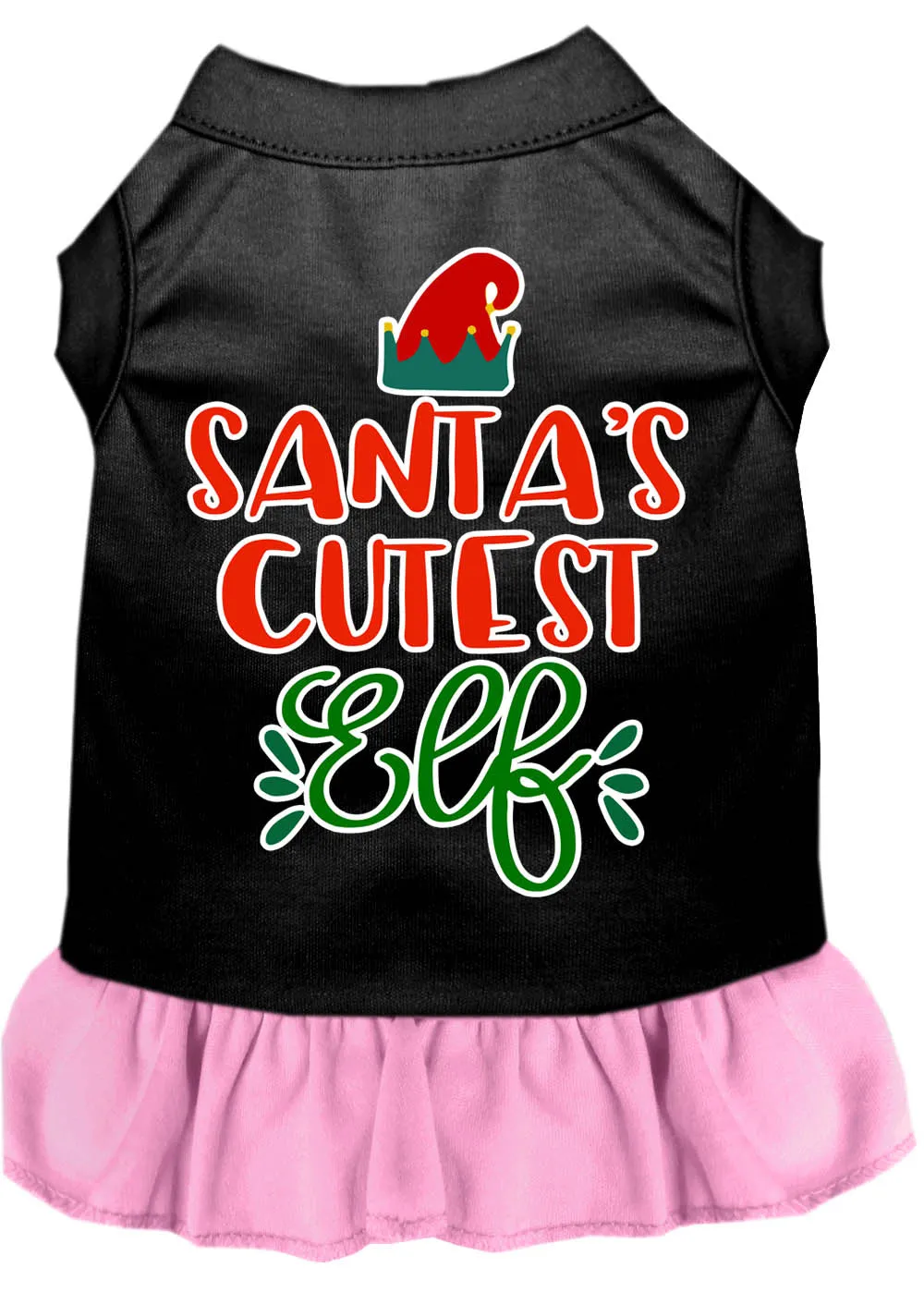 Santa's Cutest Elf Screen Print Dog Dress Black With Light Pink Med