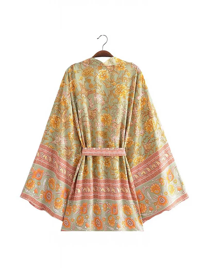 Short Floral Print Yellow Cotton Short Length Gown Kimono Duster Robe