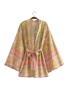 Short Floral Print Yellow Cotton Short Length Gown Kimono Duster Robe