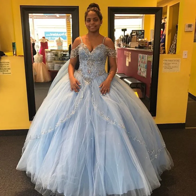 Spaghetti Strap Off The Shoulder Light Blue Ball Gown Quinceanera Dress