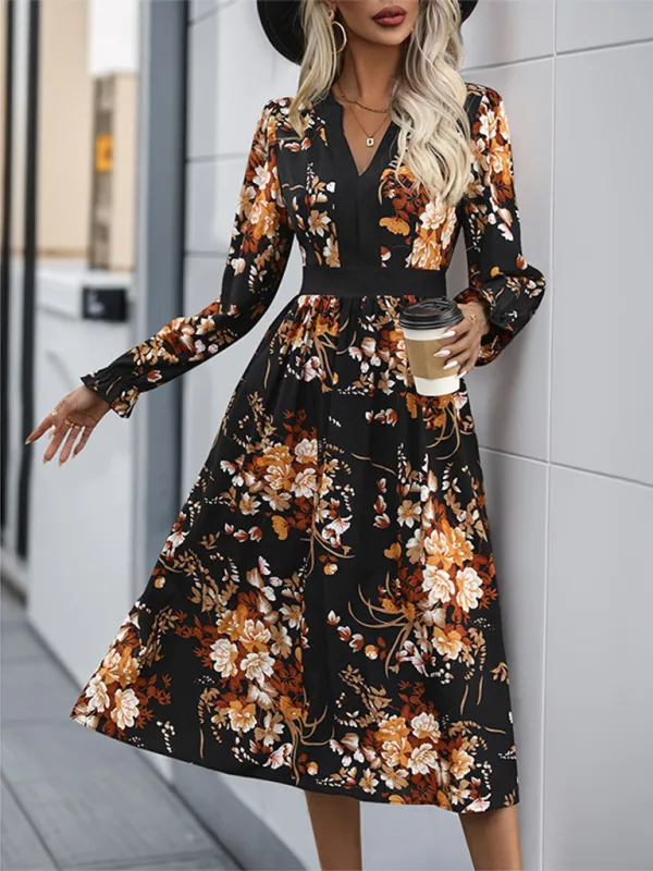 Vibrant Autumn Floral Midi Dress