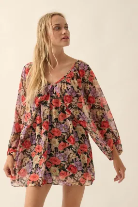 Vibrant Blooms Floral Chiffon Kimono Mini Dress