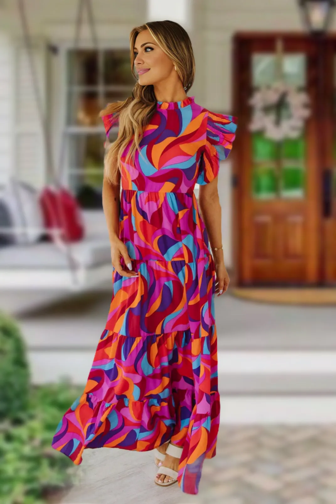 Vibrant Cresent Print Maxi Dress