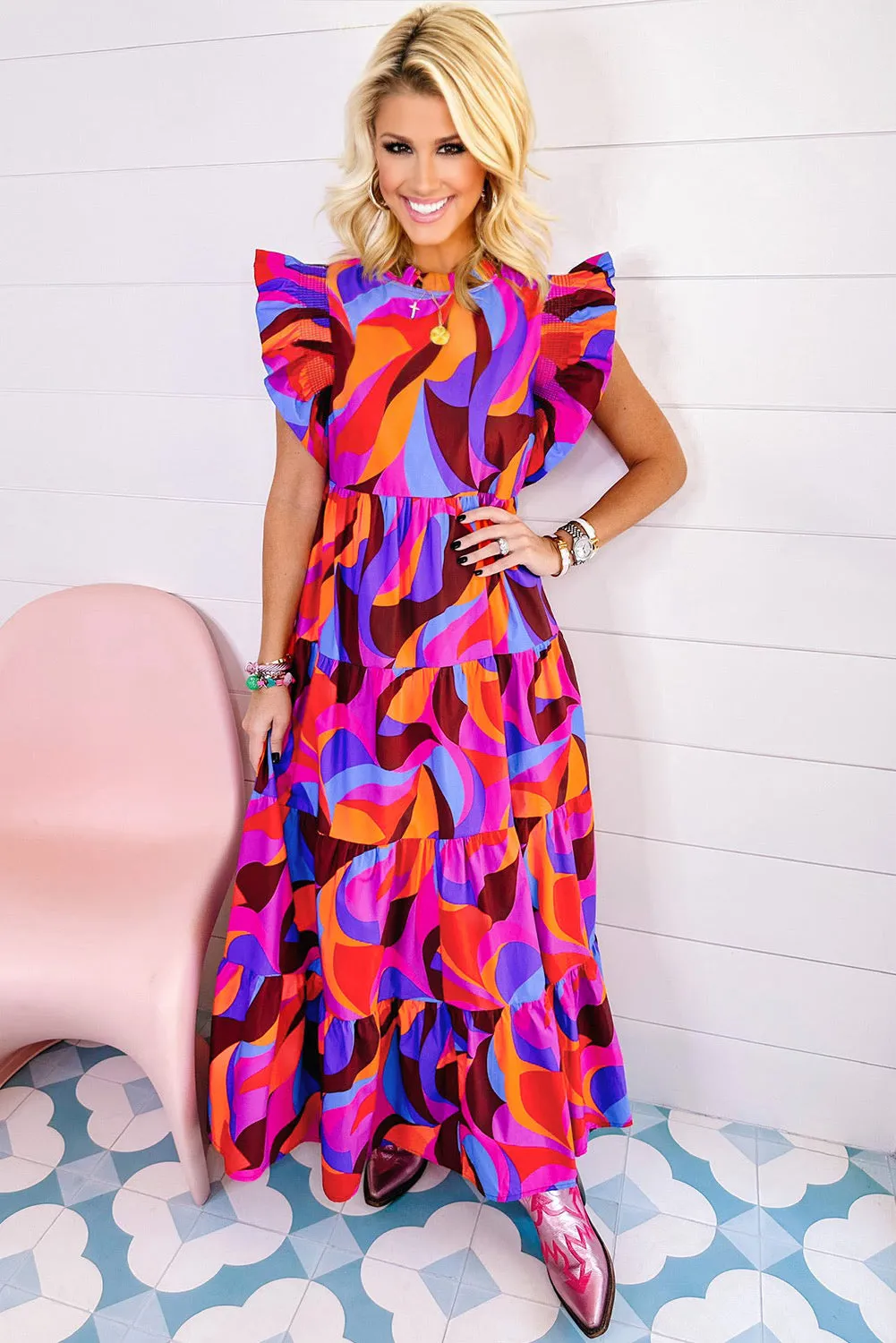 Vibrant Cresent Print Maxi Dress