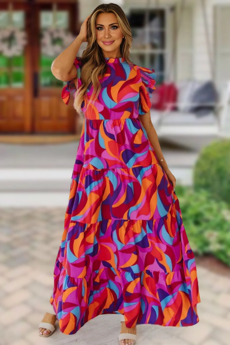 Vibrant Cresent Print Maxi Dress