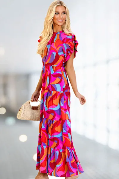 Vibrant Cresent Print Maxi Dress