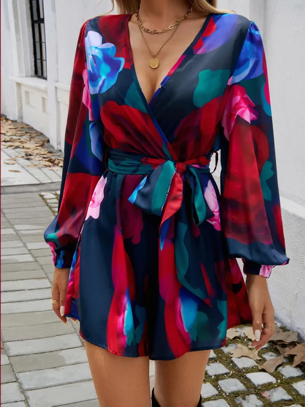 Vibrant Floral Wrap Romper Dress for Women