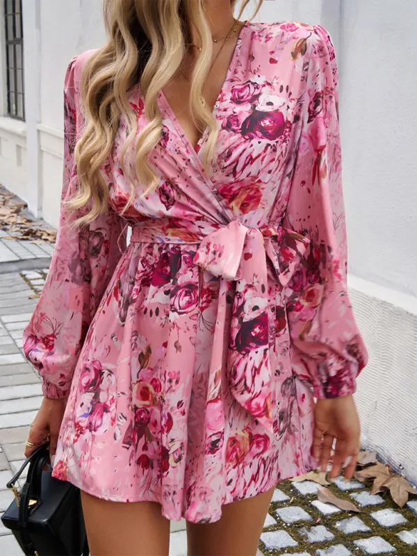 Vibrant Floral Wrap Romper Dress for Women