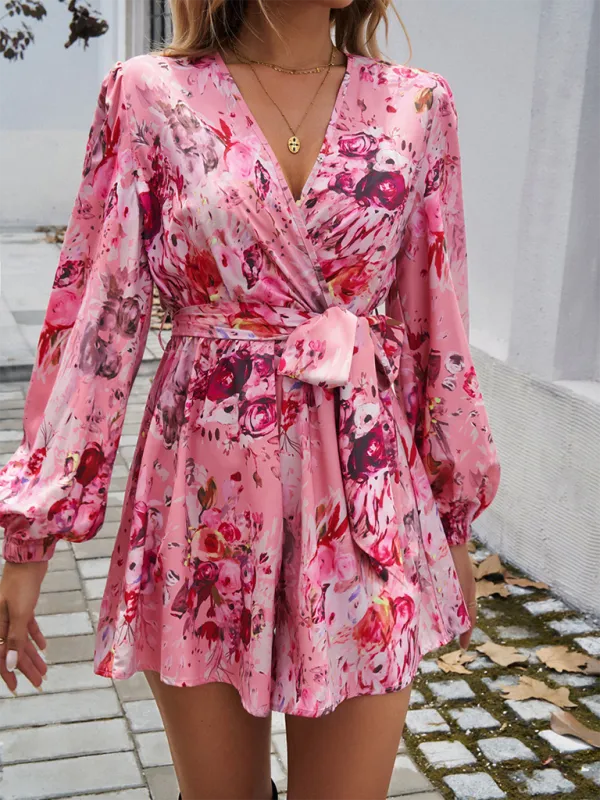 Vibrant Floral Wrap Romper Dress for Women