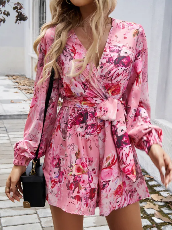 Vibrant Floral Wrap Romper Dress for Women