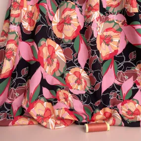 Vibrant Flowers on Black Viscose Fabric