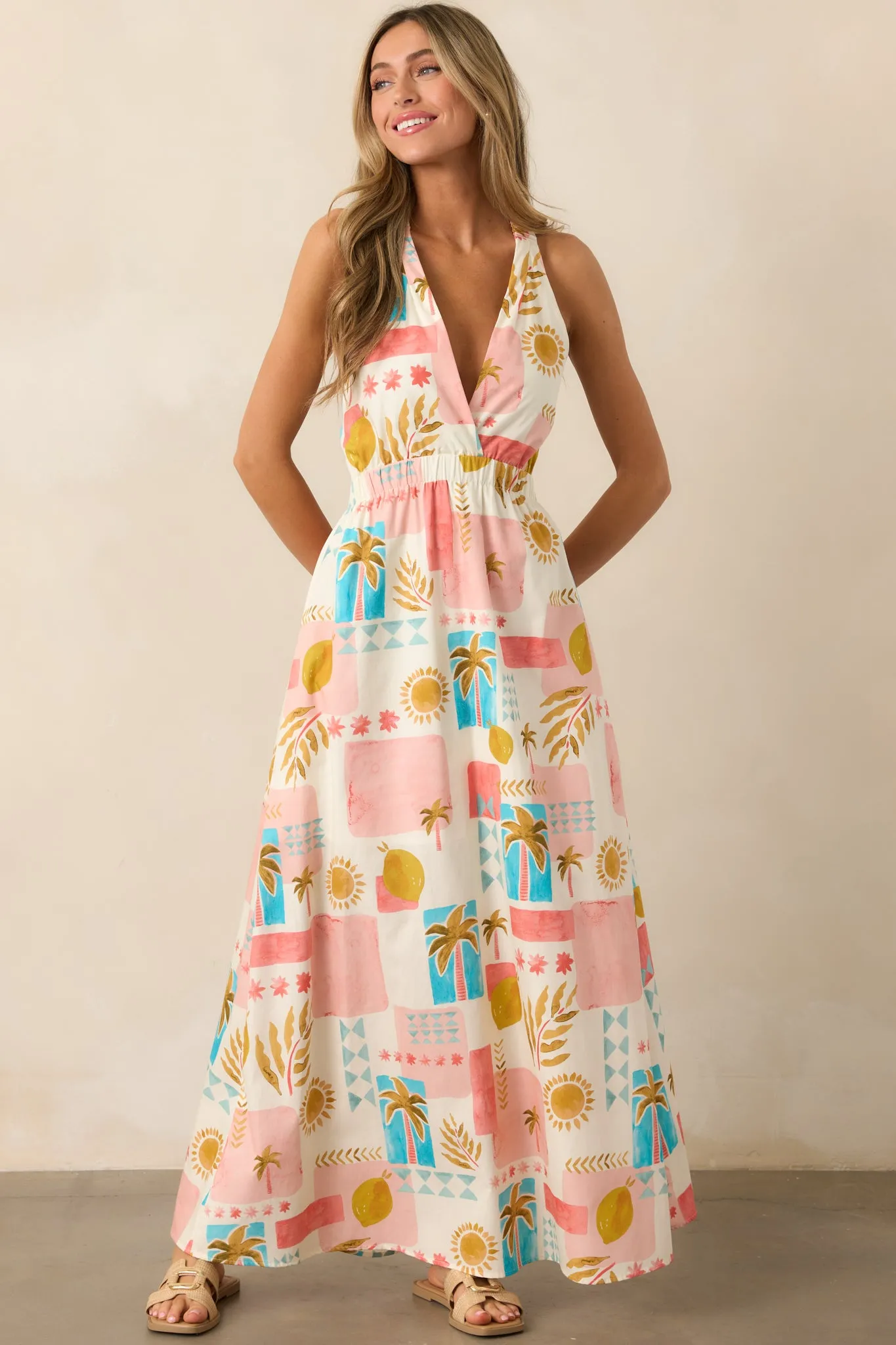 Vibrant Tides Pink Multi Tropical Print Maxi Dress