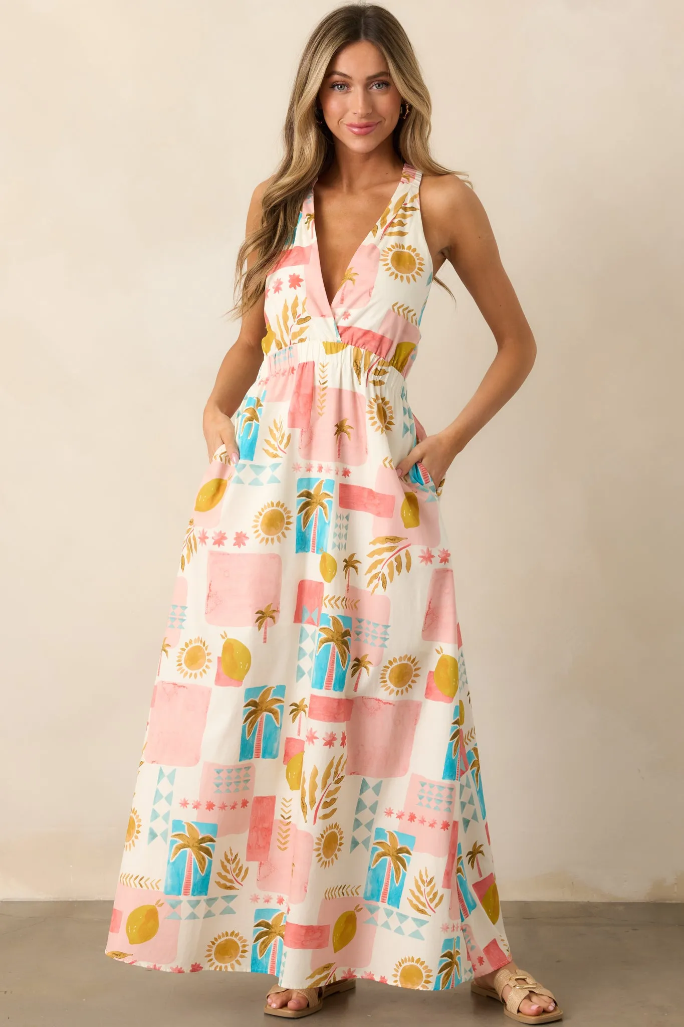 Vibrant Tides Pink Multi Tropical Print Maxi Dress