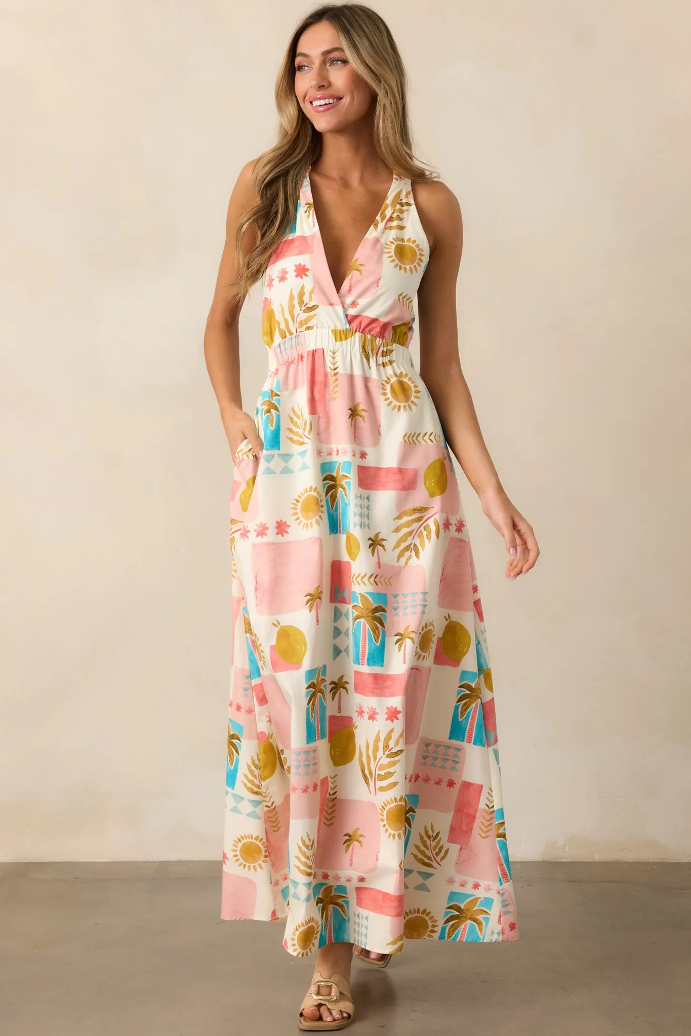 Vibrant Tides Pink Multi Tropical Print Maxi Dress