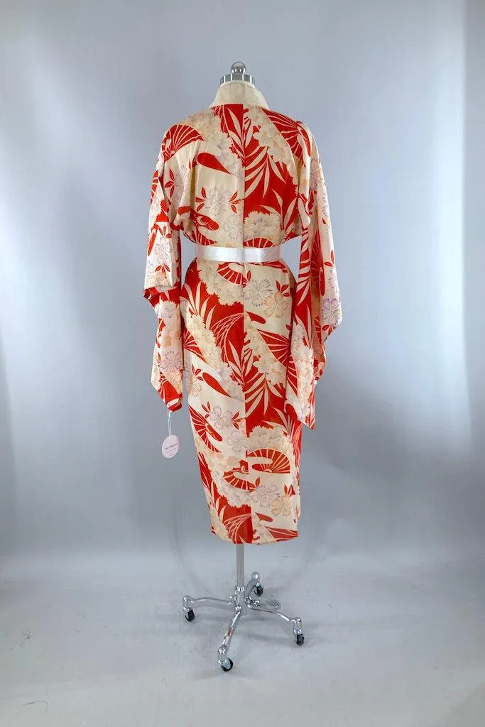 Vintage Red Orange Waves Summer Silk Kimono