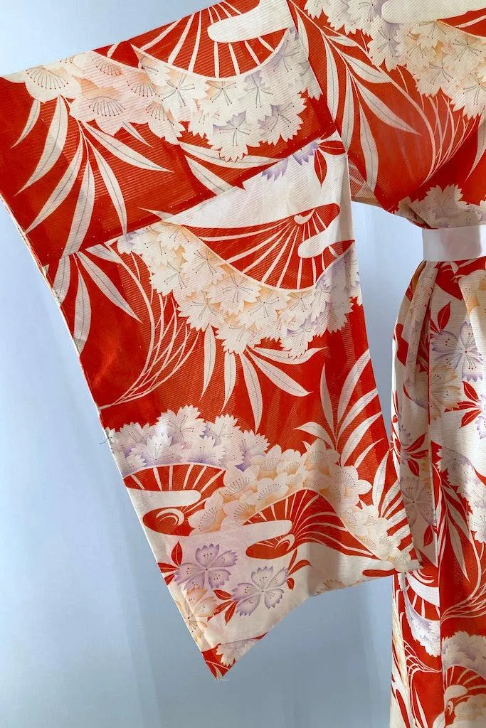 Vintage Red Orange Waves Summer Silk Kimono