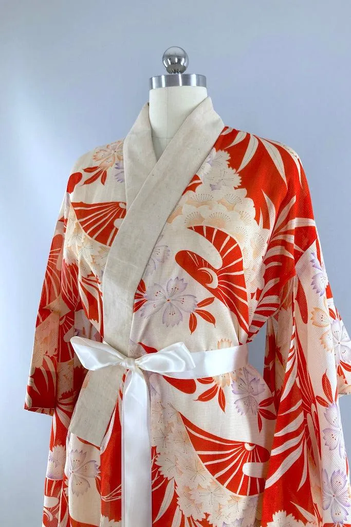 Vintage Red Orange Waves Summer Silk Kimono