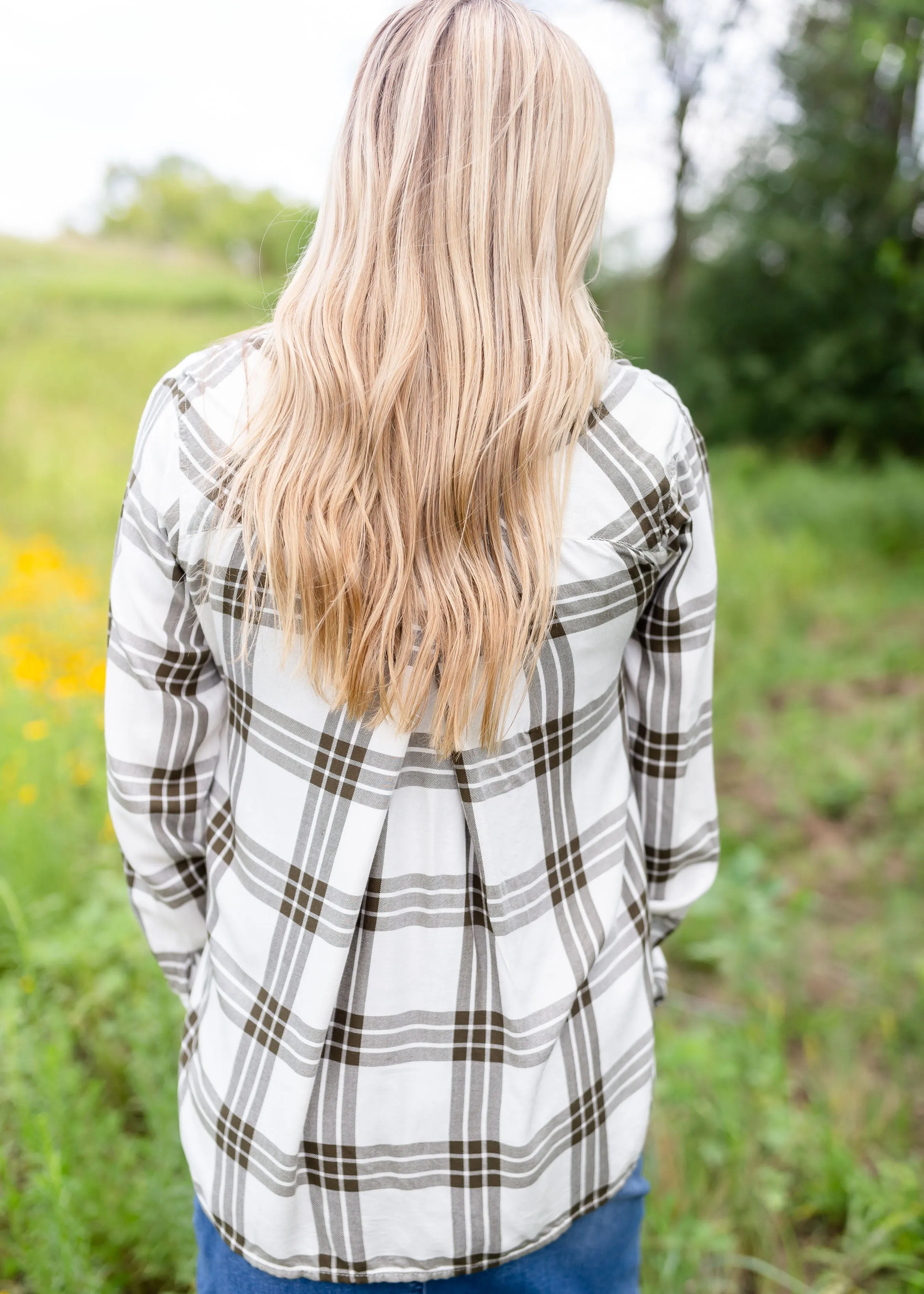 White & Olive Plaid Button Up Top