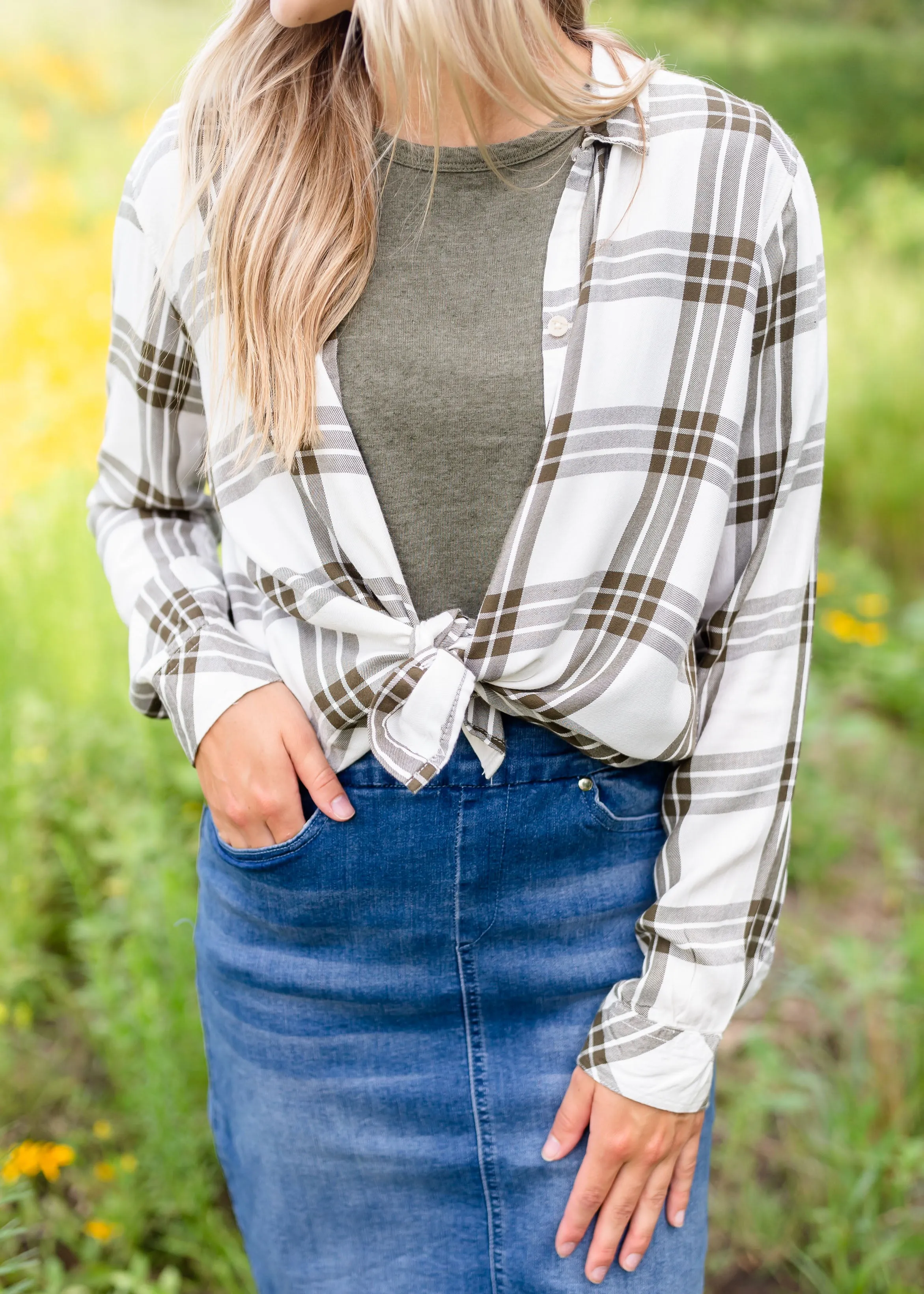 White & Olive Plaid Button Up Top