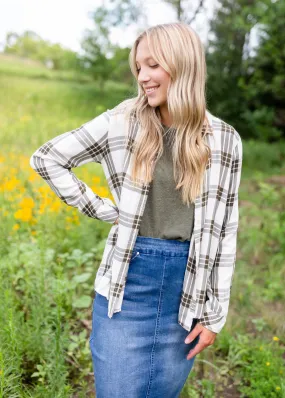 White & Olive Plaid Button Up Top