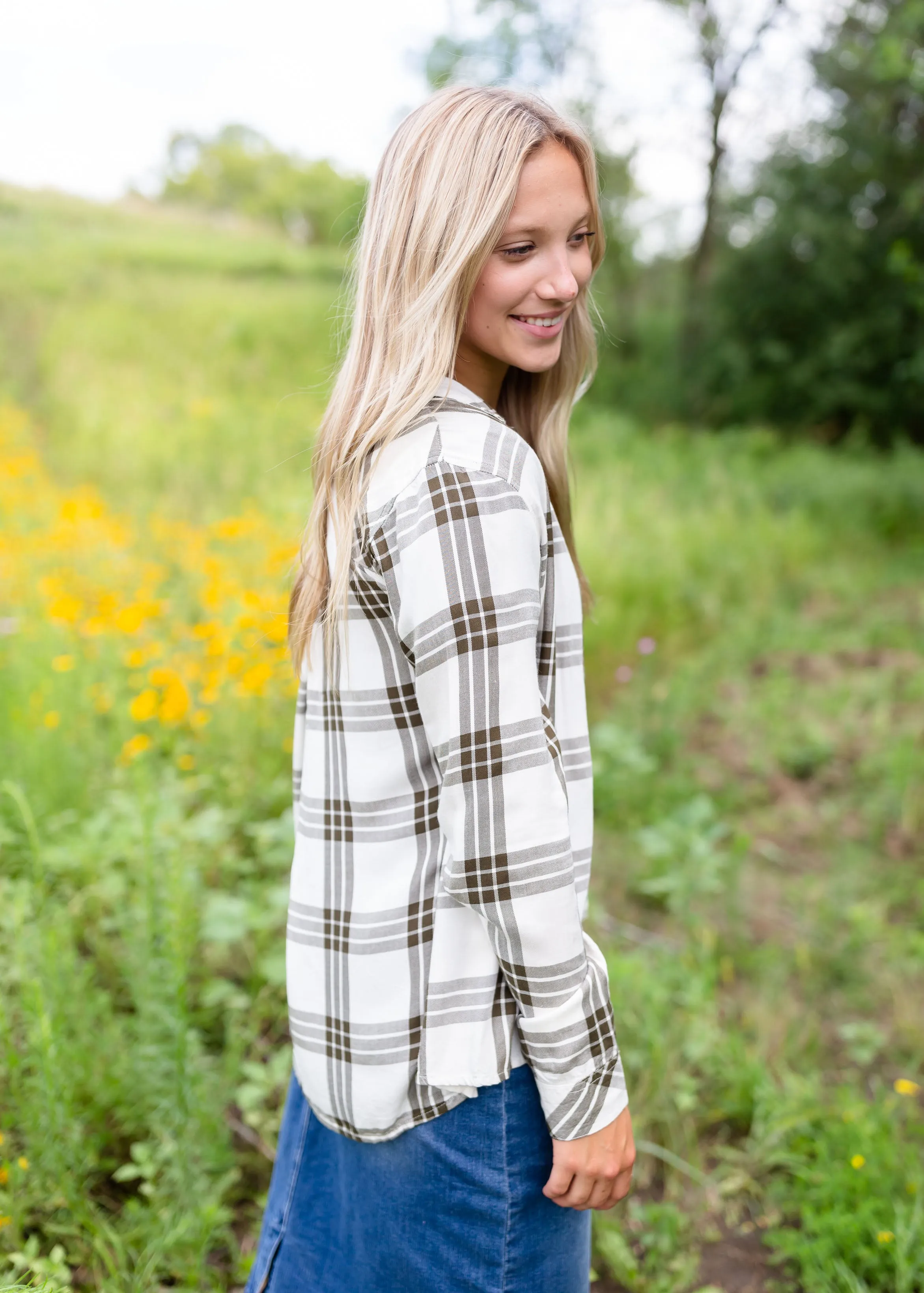 White & Olive Plaid Button Up Top