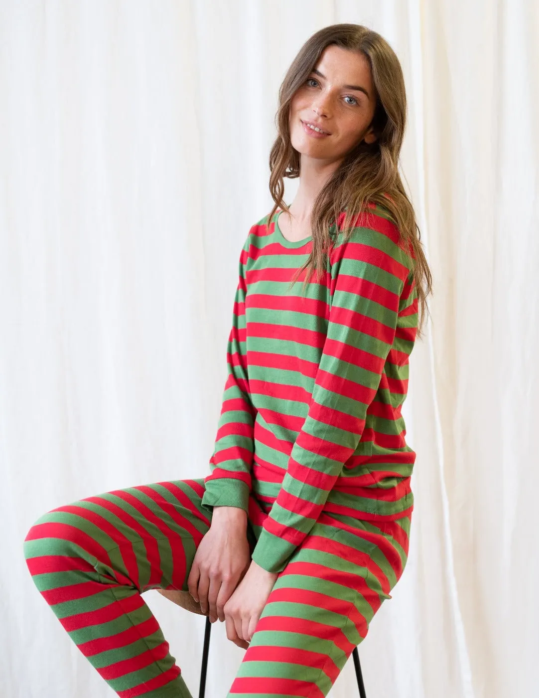 Women's Red Cotton Stripes Pajamas