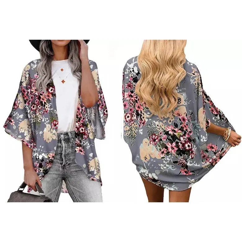 Women's Summer Kimono Cardigan Cover Up in Leopard and Floral