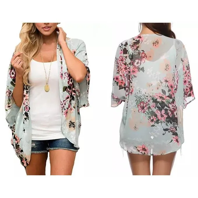 Women's Summer Kimono Cardigan Cover Up in Leopard and Floral