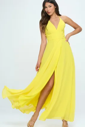 Yellow A Line V-Neck Chiffon Long Bridesmaid Dress