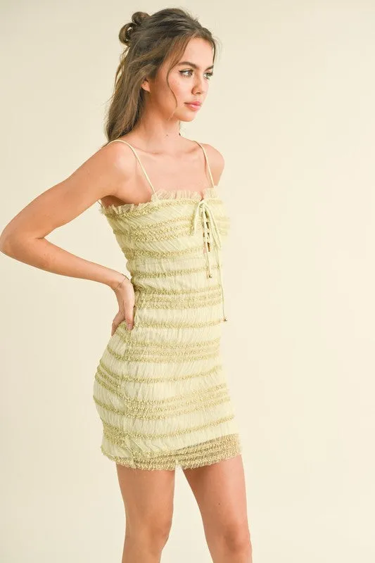 Yellow Green Textured Mesh Mini Dress With Front Lace Up Detail