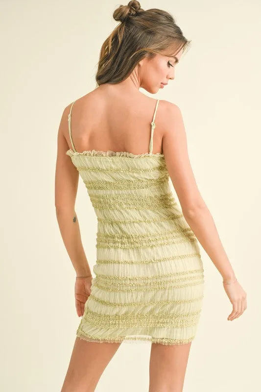 Yellow Green Textured Mesh Mini Dress With Front Lace Up Detail