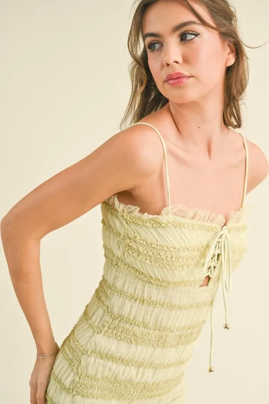 Yellow Green Textured Mesh Mini Dress With Front Lace Up Detail