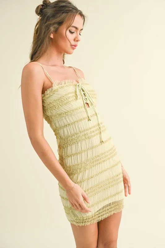 Yellow Green Textured Mesh Mini Dress With Front Lace Up Detail