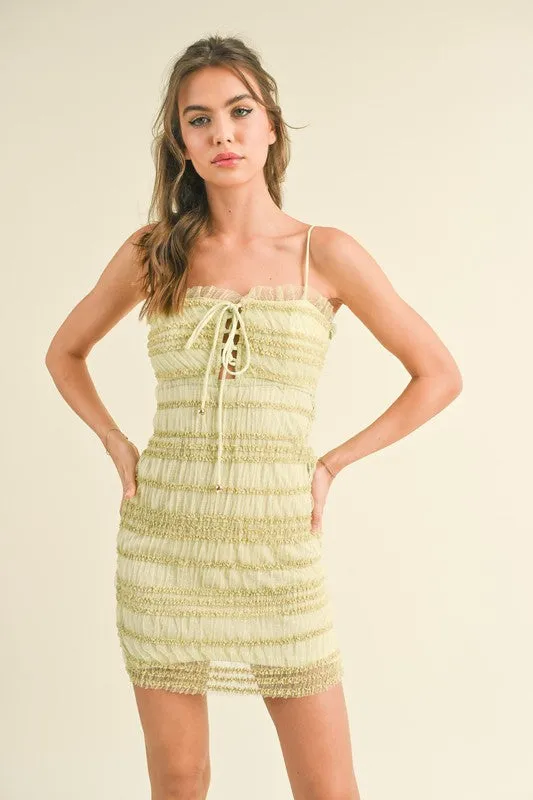 Yellow Green Textured Mesh Mini Dress With Front Lace Up Detail